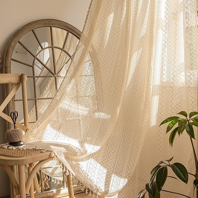 Sutuo Home 2 Panels Boho Curtains 96 Inches Long for Bedroom, Window Treatments Bohemian Sheer Crochet Lace Vintage Drapes Pair, Beige Wave Knitted with Handmade Tassels Rod Pocket, 52" x 96"