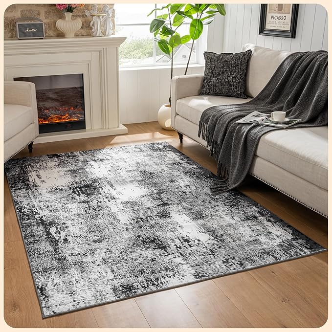 Istana 5x7 Area Rug - Grey Black Rugs for Living Room 5x7 - Foldable Rugs for Bedroom - Stain Resistant Washable Rug - Eco-Friendly Boho Area Rugs - Easy to Clean Living Room Rug