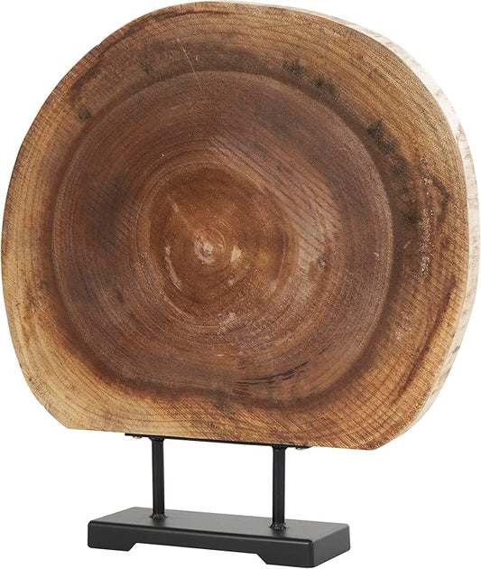 Deco 79 Wood Tree Handmade Decorative Sculpture Circular Slab Home Decor Statue with Black Metal Base, Accent Figurine 21" x 4" x 23", Brown