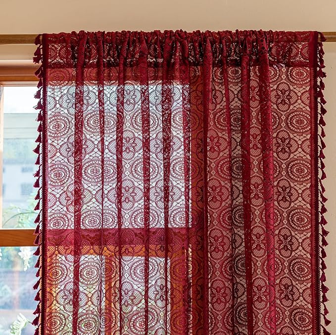 YJ YANJUN Burgundy Sheer Lace Curtains 63 inch Length with Tassel for Bedroom Boho Maroon Curtain for Living Room Light Filtering Crochet Bay Window Curtains Set of 2 W59 x L63 Dark Red