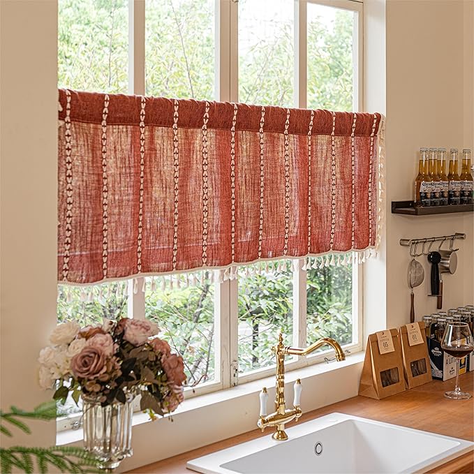 Sutuo Home Boho Valance Short Curtains For Windows Tier, Bohemian Linen Tassles Light Filtering Vintage French Country Window Treatment Fall Curtain Drape, Rod Pocket 1 Panel 52" W x 18" L, Terracotta