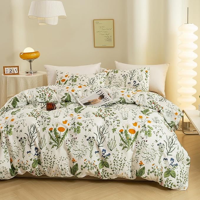 ECOCOTT Floral Duvet Cover Sets Queen Size,3 Pieces 100% Natural Cotton Floral Pattern 1 Duvet Cover with Zipper and 2 Pillowcases, Ultra Soft and Easy Care Breathable Cozy Simple Style Bedding Set