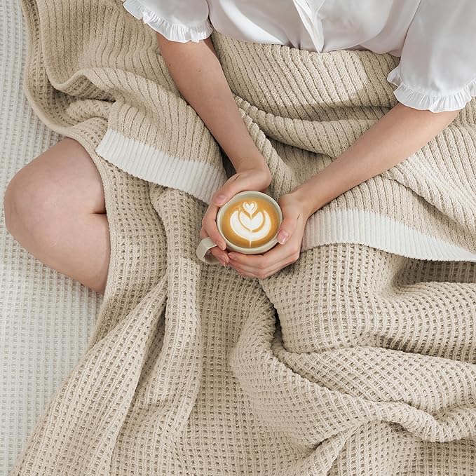 Amélie Home Waffle Blanket Queen Size for Bed, Soft Cozy Chenille Knit Blanket Warm Decorative for Bedroom, 90"x90", Beige
