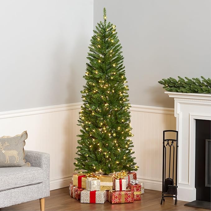 National Tree Company 6.5 ft Pre-Lit Kingswood Fir Slim Artificial Christmas Tree, 250 Clear Lights, 719 Tips, Includes Stand, Green