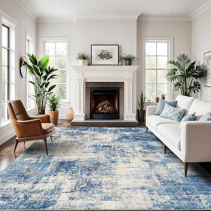 9x12 Modern Abstract Rug Washable Area Rugs for Living Room Bedroom Dining Room Non-Slip Low Pile Neutral Large Rug Soft Indoor Floor Carpet, Blue