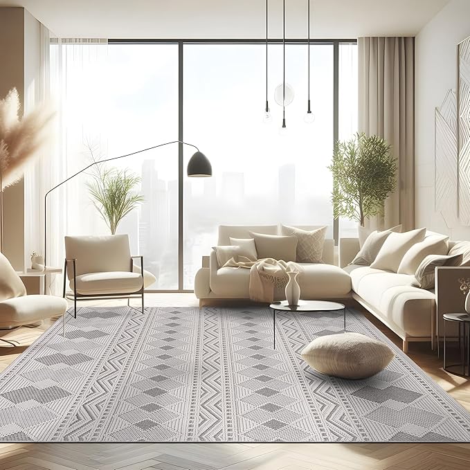 CAMILSON Micro Loop Rug 8x10 Modern Luxury Geometric Boho Diamond Area Rugs Soft High and Low Pile Stain Resistant Easy-Cleaning Non-Shedding for Living Room Office Indoor Carpet (8 x 10 / White-Gray)