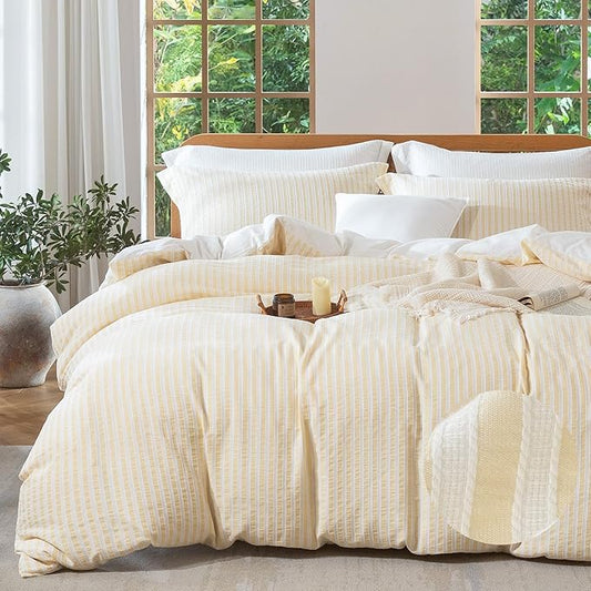 MILDLY Yellow Striped Duvet Cover - 100% Washed Cotton Jacquard Boho Textured Comforter Cover 3pcs with Corner Ties Zipper Closure 80"x90"