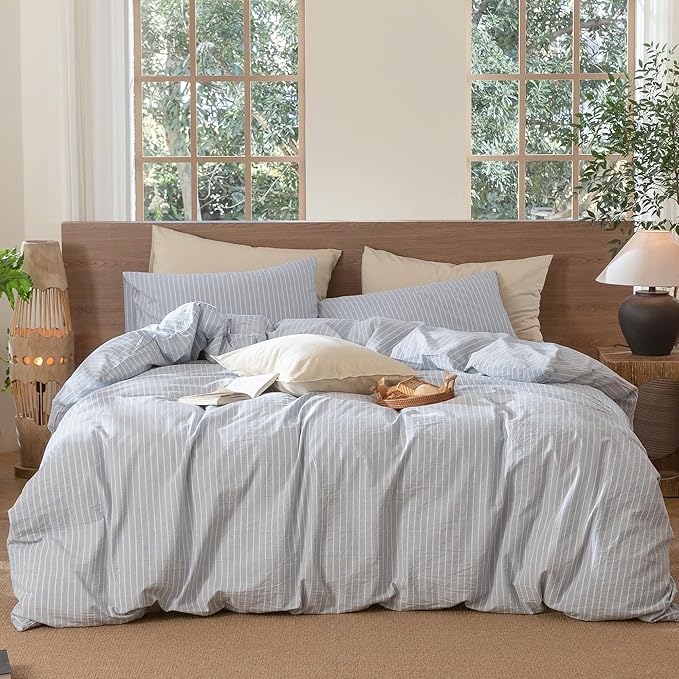 MooMee Striped Duvet Cover Set 100% Washed Cotton Linen Like Textured Breathable Durable Soft Comfy (Cornflower Blue White Wide Stripes, Twin 68"x90")