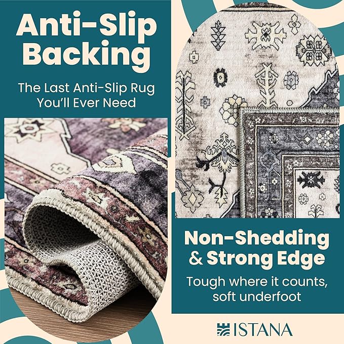 Istana Area Rug 2x4 - Dark Grey Blue & Rose Mauve 2x4 Washable Rug Non Slip - Pet Friendly Living Room Rug - Non Shedding Washable Rugs for Bedroom - Foldable Bathroom Rugs