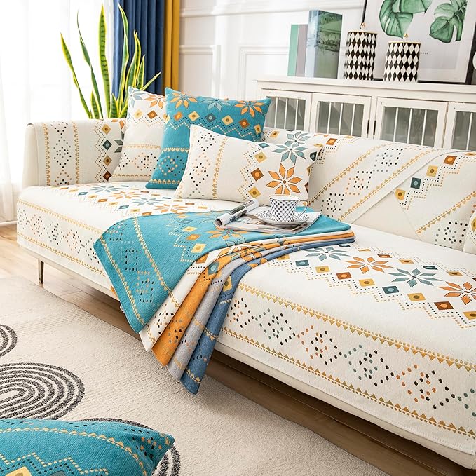 Boho Chenille Couch Covers,Geometric Couch Covers for Sofa,Chenille Couch Cover Non Slip,Sectional l Shaped Sofa Furniture Protector Cover for Home Decor,Blue_Backrest 28x35in/70x90cm