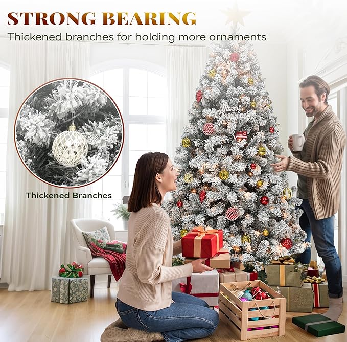 YITAHOME 7.5ft Prelit Snow Flocked Christmas Tree with Remote, Hinged Pine Christmas Tree with 550 Warm White/Multicolor Changing Lights, 1550 Branch Tips, and Foldable Base for Home, Party Decoration