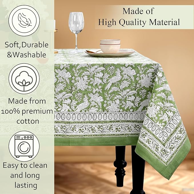 CPC Tablecloth 100% Cotton 70x108 Inch Indian Block Print Rectangle Table Cover, Green Table Cloth for Weddings, Spring/Summer, Barbeque - Olive Green