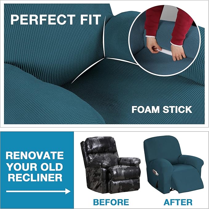 Flamingo P Stretch Recliner Chair Cover Recliner Cover for Electric/Manual Style Furniture Cover for Reclining with Side Pocket, Soft Checked Jacquard Fabric Form Fitted Standard/Oversized - Deep Teal