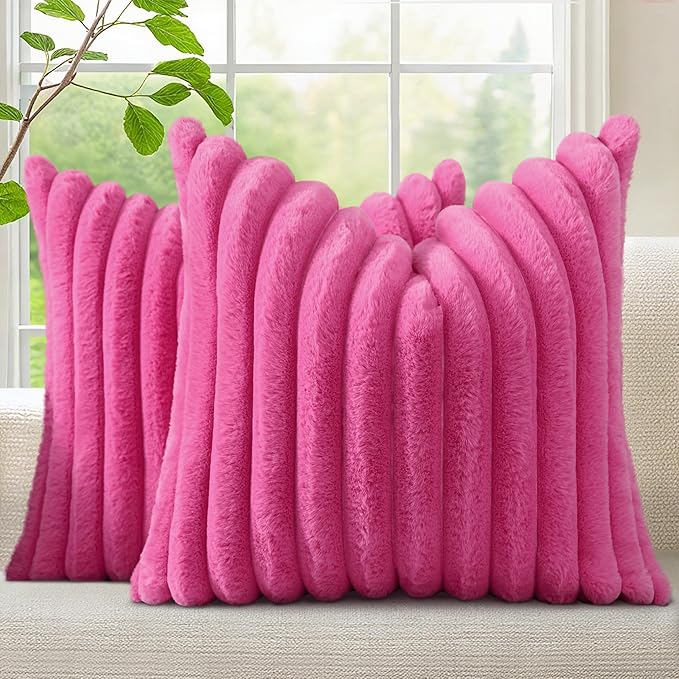 decorUhome Faux Fur Christmas Throw Pillow Covers 20x20 Set of 2, Decorative Soft Plush Striped Neutral Couch Euro Pillow Covers with Velvet Back for Sofa, Bed, Living Room Home Decor, Hot Pink