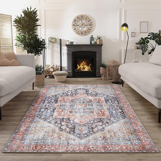 Bloom Rugs Washable Non-Slip 8' x 10' Rug - Terracotta/Blue Traditional Medallion Area Rug for Living Room, Bedroom, Dining Room, and Kitchen - Exact Size: 8' x 10'