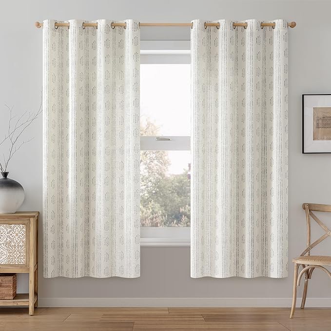Boho Linen Curtains for Bedroom Living Room Black Farmhouse Boho Curtains 63 Inch Length Geometric Striped Patterned Mudcloth Grommet Top Light Filtering Window Drapes 2 Panels Black on Beige