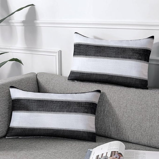 AmHoo Pack of 2 Farmhouse Stripe Check Throw Pillow Covers Set Case Cotton Linen Decorative Pillowcases Cushion Cover for Couch Bench Sofa 12x20Inch Black