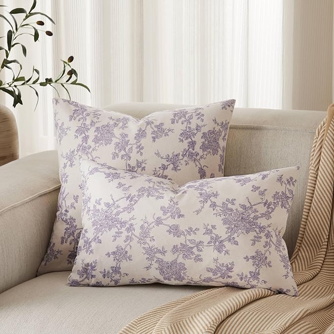 100% Cotton French Pastoral Throw Pillow Covers Set of 2, 20x20 Inch Purple Farmhouse Decorative Cushion Covers for Sofa Bed Living Room Home Decor