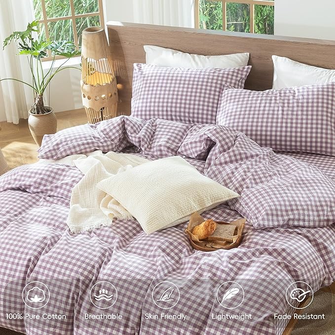 MooMee Gingham Duvet Cover Set 100% Washed Cotton Linen Like Textured Breathable Durable Soft Comfy Modern Checkered Design (Buffalo Plaid Tannish Linen Grey, Queen 90"x90")