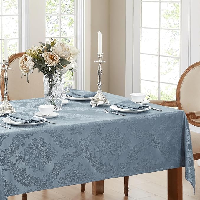 Newbridge Barcelona Damask Fabric Tablecloth, 60 x 120 Inch Rectangle, Blue – No Iron, Soil Resistant Table Cover for Dining, Parties and Holidays