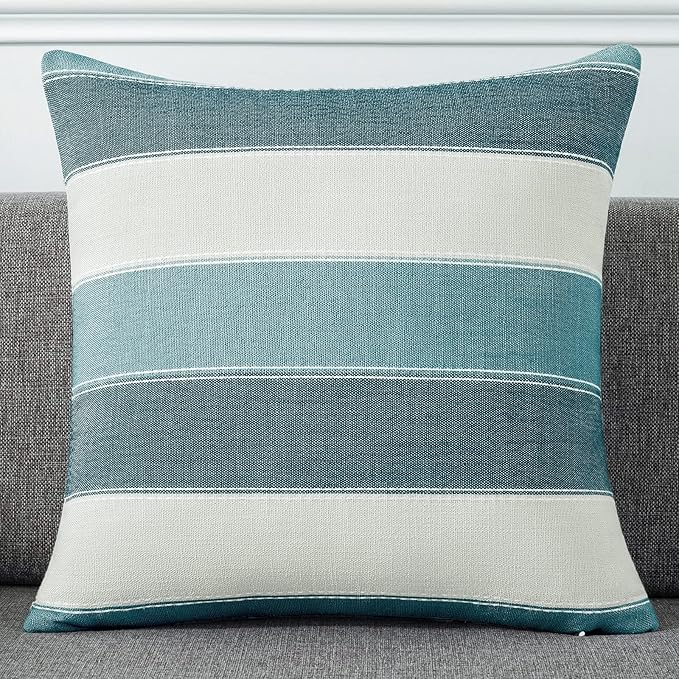 AmHoo Pack of 2 Farmhouse Stripe Check Throw Pillow Covers Set Case Cotton Linen Decorative Pillowcases Cushion Cover for Couch Bench Sofa 22x22Inch Teal Blue