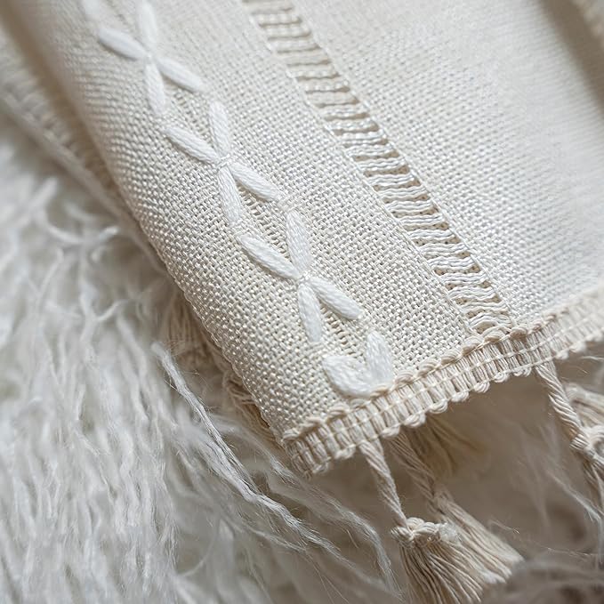 Sutuo Home Boho Curtains for Bedroom Living Room 90 Inches Long, Semi-Blackout Rustic Country Linen Embroidery Vintage Chic Tassels Hollow Window Treatment Bohemian Drape, 1 Panel 52" W x 90" L, Ivory