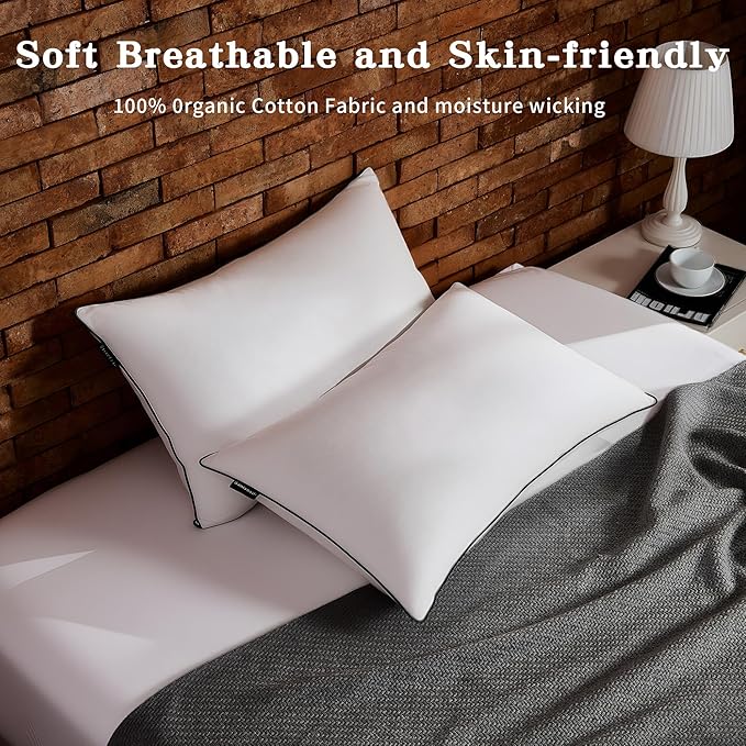 Feather Down Pillow Standard Size Set of 2, 100% Cotton Luxury Hotel Collection Bed Pillows for Sleeping, Down Surrounded Fluffy Soft Medium Firm Pillows for Side Back Stomach Sleepers 20" x 26"