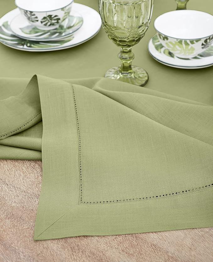 Solino Home Moss Green Linen Tablecloth 60 x 120 Inch - Classic Hemstitch, 100% Pure Linen Rectangular Tablecloth - Machine Washable Table Cloth for Fall, Autumn, Thanksgiving, Winter