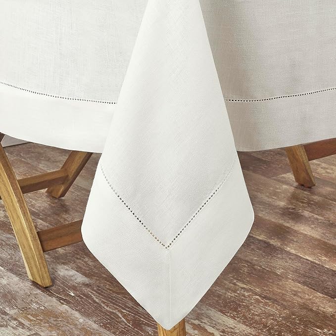 D'Moksha Homes Ivory Linen Tablecloth for Rectangle Tables 60 x 132 Inch - 100% Pure Linen Ivory Table Cloth - Classic Hemstitch, Machine Washable Dining Tablecloth for Thanksgiving, Christmas