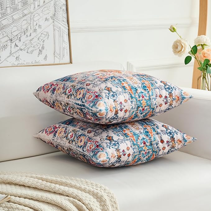 Boho Throw Pillow Covers 16x16 inch Set of 2,Boho Vintage Carpet Pattern Antique Ethnic Decor Double Sided Pattern Cushion Cover Soft Pillow Case Living Sofa Room Bed Square Pillow Cover
