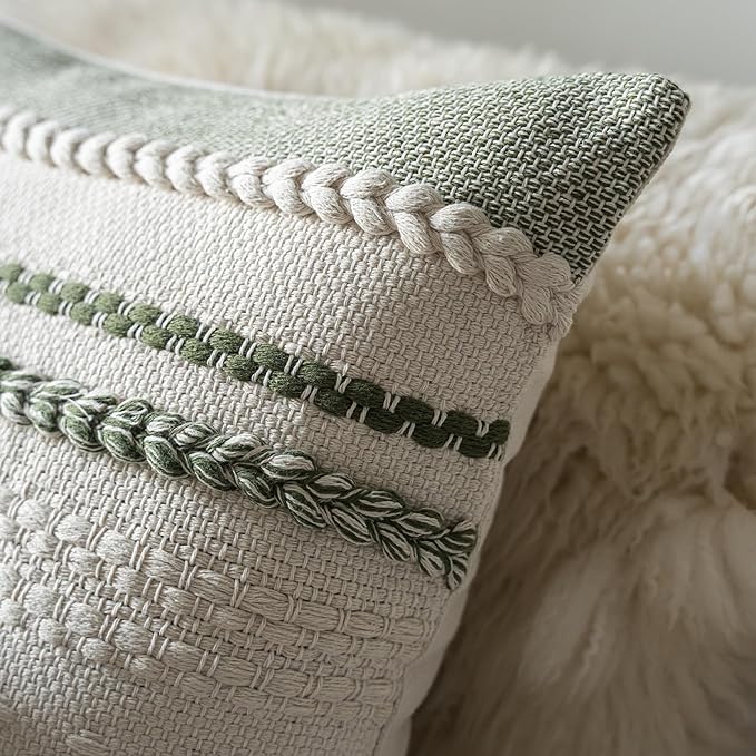 Boho Lumbar Pillow Covers 14x36 Inch Long, Green Textured Decorative Couch Pillow Cases for Farmhouse Home Decor, Accent Cushion Cover for Sofa, Bed, Living Room, Bedroom, Pack of 1