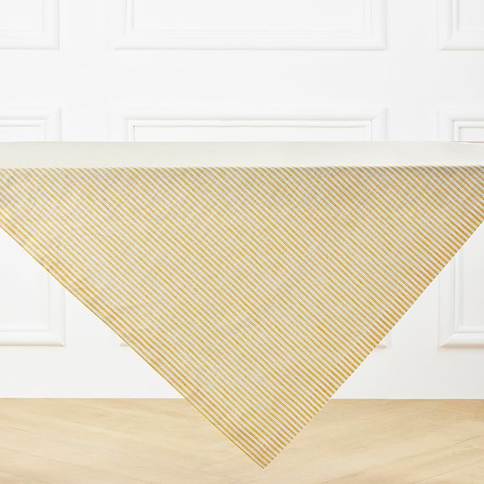 Solino Home Linen Square Tablecloth 52 x 52 Inch - Narrow Stripe, 100% Pure Linen Spicy Mustard and White Table Throw - Machine Washable Tablecloth