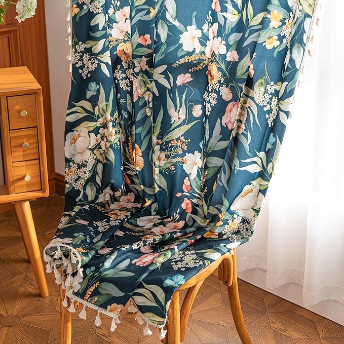 Boho Floral Curtains French Country Farmhouse Curtains 96 Inches Long Light Filtering Window Rod Pocket Drapes for Living Room 2 Panels-Navy Blue Floral
