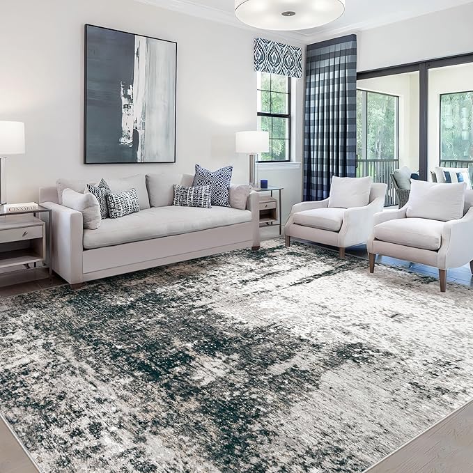 8x10 Area Rugs Washable Rug, Soft Modern Abstract Rugs for Living Room Large Low Pile Thin Rug Non Slip Indoor Neutral Carpet for Bedroom Dining Room Farmhouse Office Kids Playroom Black Grey Gold