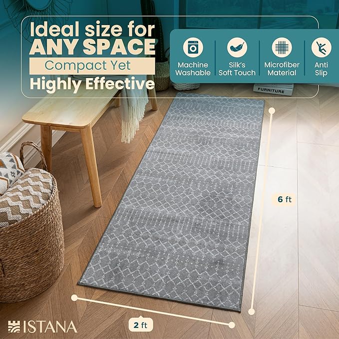 Istana Hallway Runner Rug 2x6 - Dark Grey Kitchen Rugs Non Slip Washable -Silk's Soft Touch Carpet Runner - Stylish Rug Runner for Home