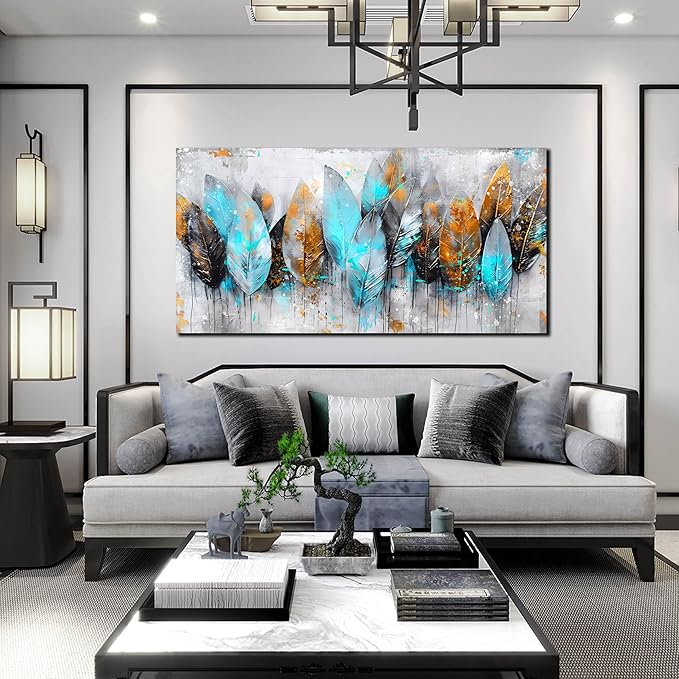 LAOTOART Leaf Canvas Wall Art - Modern Blue and Gray Living Room Wall Art - Abstract Artwork for Walls Ready to Hang Size 24" x 48"