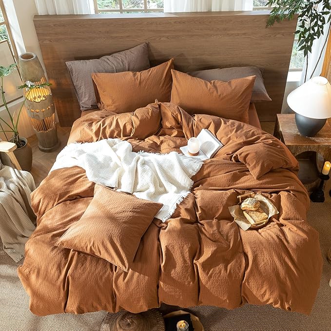 MooMee Wavy Striped Duvet Cover Set 100% Washed Cotton Linen Like Textured Breathable Durable Soft Comfy (Dark Orange, Twin 68"x90")