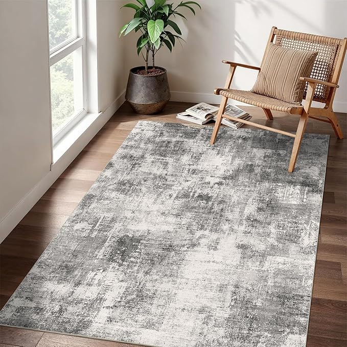 3x5 Modern Abstract Rug Washable Area Rugs for Living Room Bedroom Dining Room Non-Slip Low Pile Neutral Large Rug Soft Indoor Floor Carpet, Gray