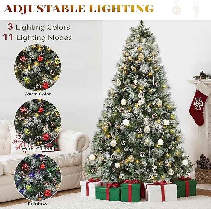 YITAHOME 6ft Prelit Scotch Pine Christmas Tree with Remote Control, Pre-Decorated Frosted Christmas Tree with Pine-Cones & Needles, Warm White/Multicolor Changing Lights for Home/Office