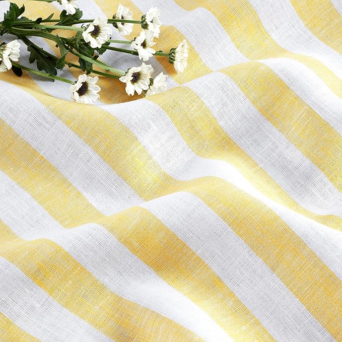 Solino Home Linen Square Tablecloth 52 x 52 Inch - Sorrento Stripe, 100% Pure Linen Yellow and White Table Throw - Machine Washable Tablecloth