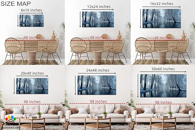 GUTTATY Christmas Winter Scene Canvas Wall Art, Snow Forest Canvas Prints, Tranquil Birch Tree Pictures, Serene Blue Wall Decor for Living Room, Bedroom, Holiday Decoration, 16x8 Inch