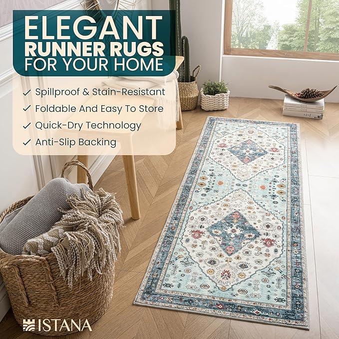 Istana Hallway Runner Rug 2x6 - White Cream/Blue Kitchen Rugs Non Slip Washable -Silk's Soft Touch Carpet Runner - Stylish Rug for Home