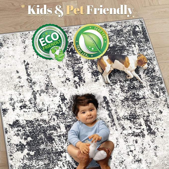 Modern Abstract Area Rug, 9'x12', Machine Washable, Non-Slip, Stain Resistant, Neutral, Soft, Perfect for Living Room, Dining Room, Bedroom, Office (Black)