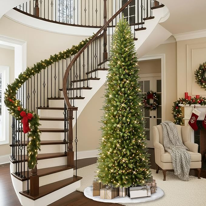 Puleo International 10ft Pre-Lit Slim Fraser Fir Christmas Tree with 650 Clear Lights, 2436 Realistic Dense Branch Tips, Easy Setup Artificial Trees with Sturdy Metal Stand