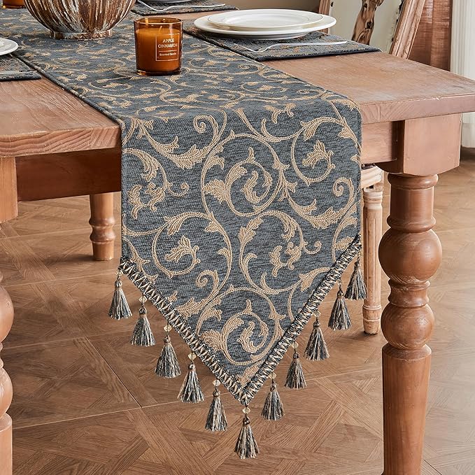 Loom and Mill Elegant Damask Table Runner 72 inches Long, Classic Acanthus Chenille Jacquard Table Runners with Tassels for Dining Room Dresser Party Banquet Decoration (Blue-Grey+Khaki,13x72 inch)