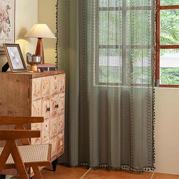 Sutuo Home Olive Green Boho Curtains 90 inches, Crochet Lace Sheer Bohemian Hollow Knitted Handmade Tassels, Privacy Vintage Farmhouse for Bedroom Living Room Easter Decor, 1 Panel 59" W x 90" L