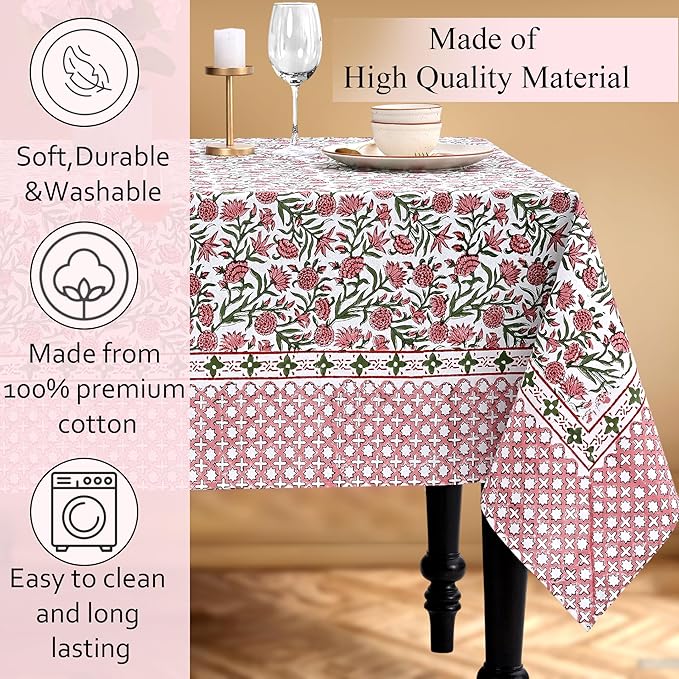 CPC Tablecloth 100% Cotton 60x90 Inch Indian Block Print Rectangle Table Cover, Washable Table Cloth for Weddings, Spring/Summer, Barbeque -Red Garnet