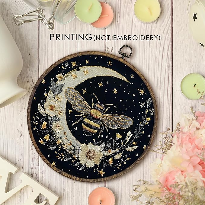 KFXHANGD Gothic Bee Moon Round Wall Art Framed, Witchy Bumble Bee Botanical Canvas Wall Art Decor, Celestial Bees Floral Hanging Decor for Bathroom Bedroom Kitchen, 10x10inch