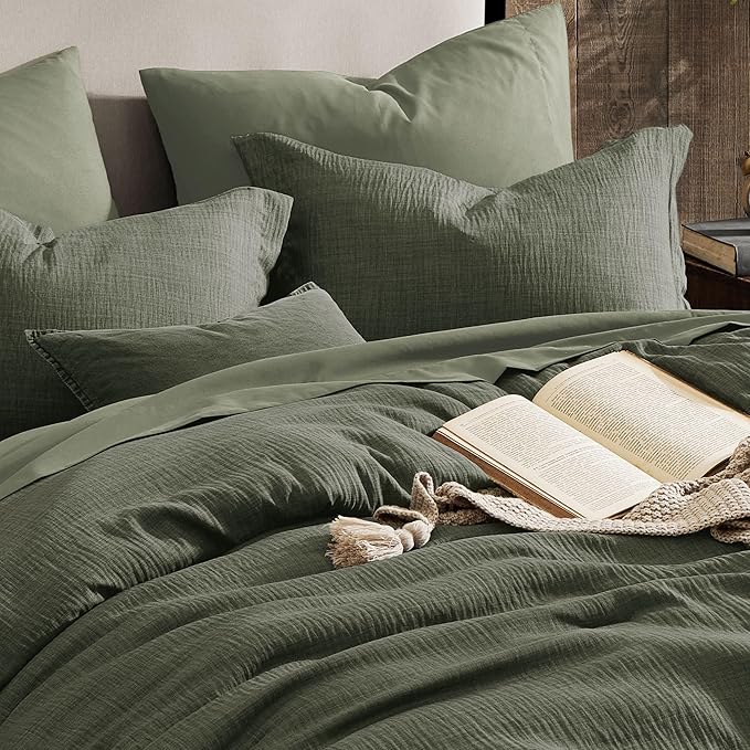 Geniospin Dark Olive Green Twin Comforter Set - 5 Pieces Comforter Twin Size, Solid Bedding Set for All Season, Textured Bed in a Bag with Sheets