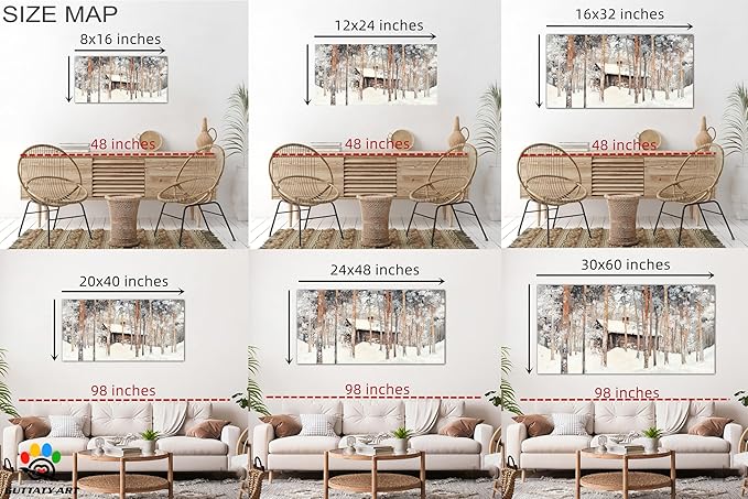GUTTATY Winter Christmas Cabin Canvas Wall Art, Snow Forest Canvas Painting, Rustic Winter Scene Wall Decor, Textured Canvas Prints Pictures, Holiday Poster for Living Room, Bedroom, 16x8 Inch